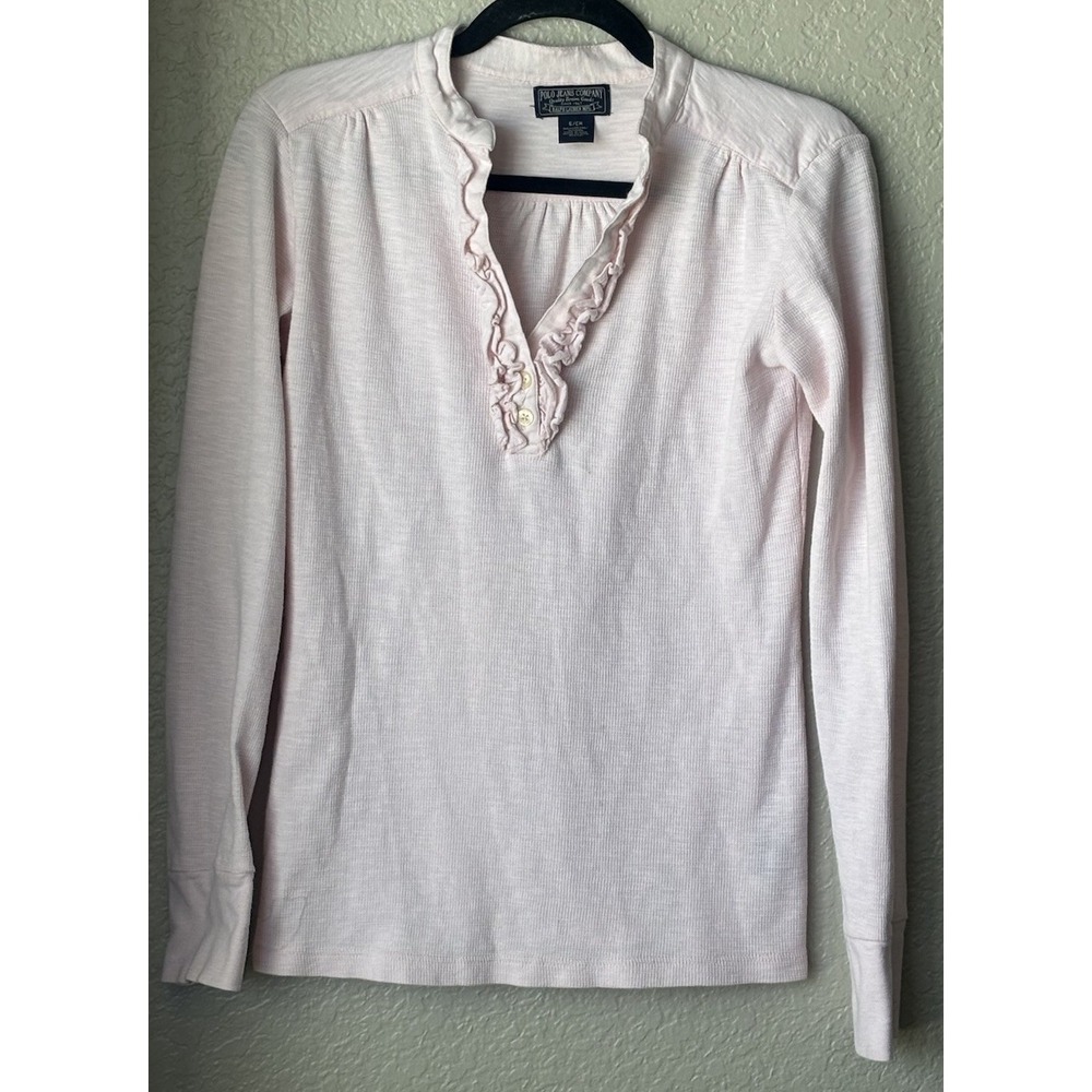 Ralph Lauren Polo Winter Thermal Pink Long Sleeve Ruffled V-Neck Top, Size S/CH